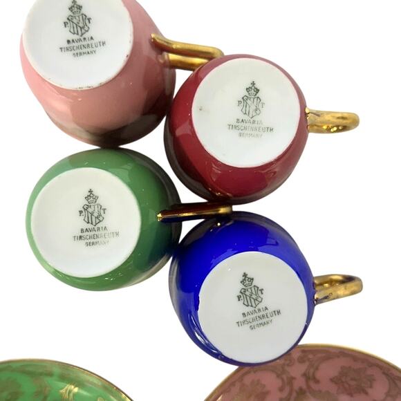 Bavaria Tirschenreuth PT Germany Demitasse Cobalt Green Rose Pink Cup Saucers 4 - Picture 11 of 15